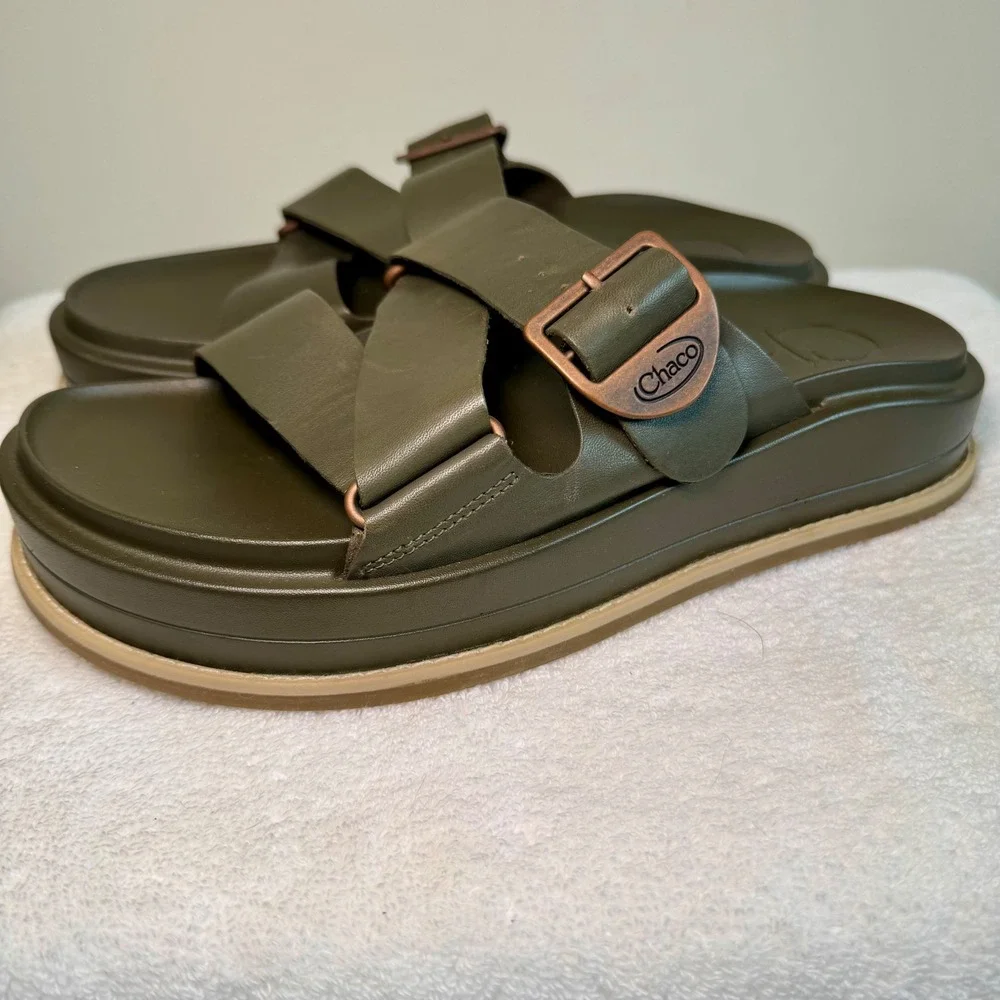 Chaco Womens Townes Slide Leather Sandals Olive Green Size 9 Buckle Chunky